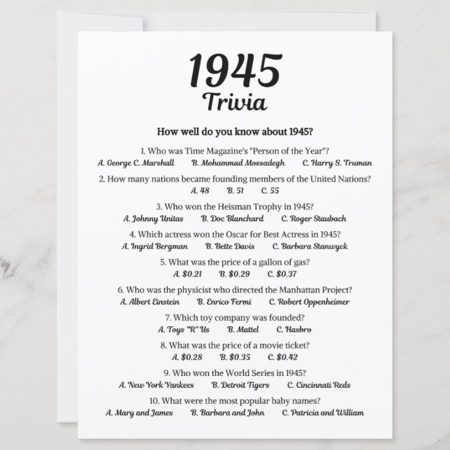 1945 Trivia Game (Front)