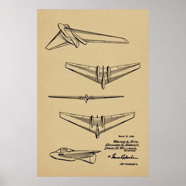 1946 Flying Wing Aeroplane Patent Art Drawing Poster (Front)