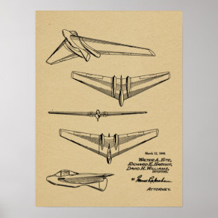 1946 Flying Wing Aeroplane Patent Art Drawing Poster