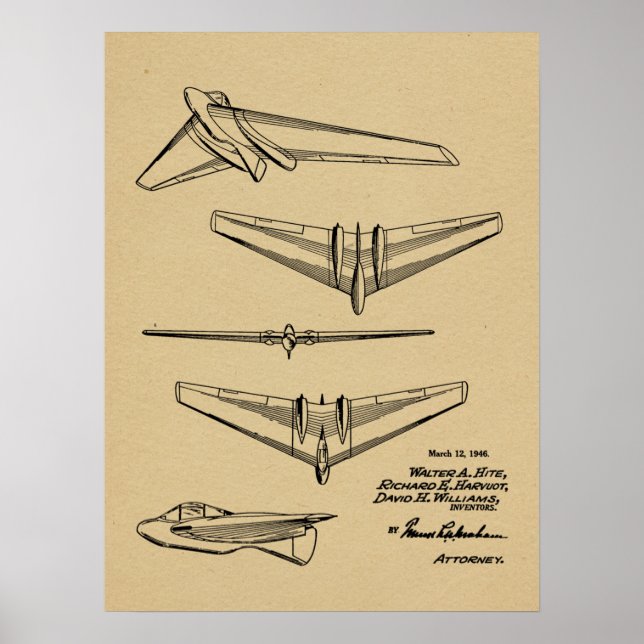 1946 Flying Wing Aeroplane Patent Art Drawing Poster (Front)