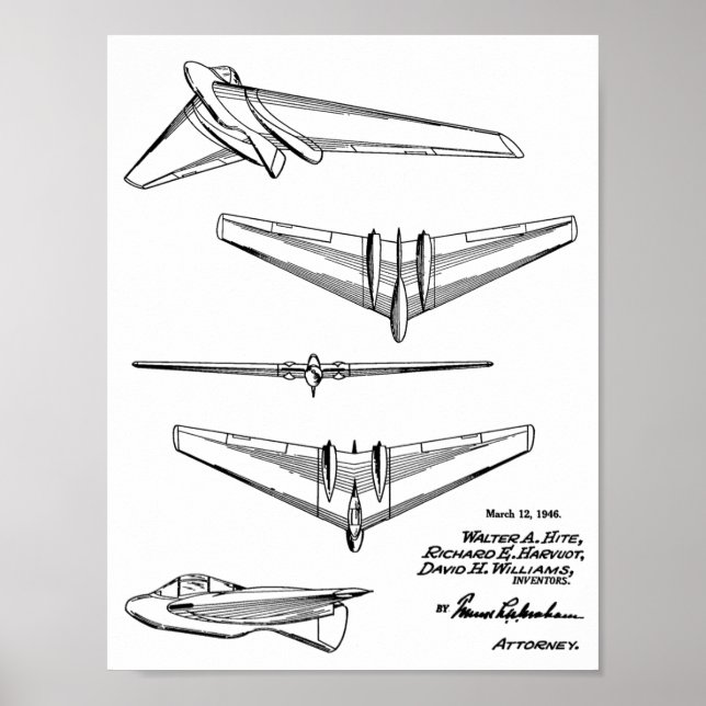 1946 Flying Wing Aeroplane Patent Art Drawing Poster (Front)