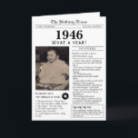 1946 Newspaper Birthday card 80th birthday<br><div class="desc">Say happy birthday to someone born in 1946 with this unique Newspaper style birthday card, including a photo of the recipient and a collection of fun facts and world news from the year of their birth. Designed to resemble a vintage newspaper in classic black and white style. A cute and...</div>