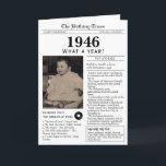 1946 Newspaper Birthday card 80th birthday<br><div class="desc">Say happy birthday to someone born in 1946 with this unique Newspaper style birthday card, including a photo of the recipient and a collection of fun facts and world news from the year of their birth. Designed to resemble a vintage newspaper in classic black and white style. A cute and...</div>