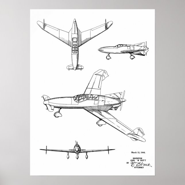 1946 Rear Prop Aeroplane Patent Art Drawing Print (Front)