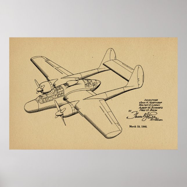 1946 Vintage Aeroplane Patent Drawing Art Print (Front)