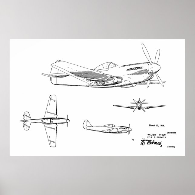 1946 WW2 Aeroplane Patent Art Drawing Print (Front)