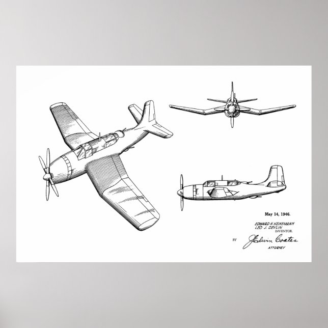 1946 WW2 Aeroplane Patent Art Drawing Print (Front)