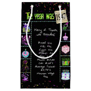 1947 Birth Year Trivia on Black Small Gift Bag