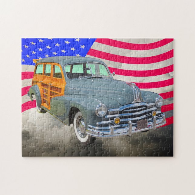 1948 Pontiac Silver Streak Woody And US Flag Jigsaw Puzzle (Horizontal)
