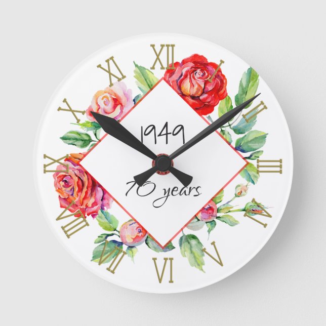 1949 70th Birthday Woman - Watercolor Roses Custom Round Clock (Front)