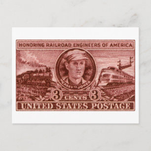 1950 Casey Jones Railroad Stamp Postcard