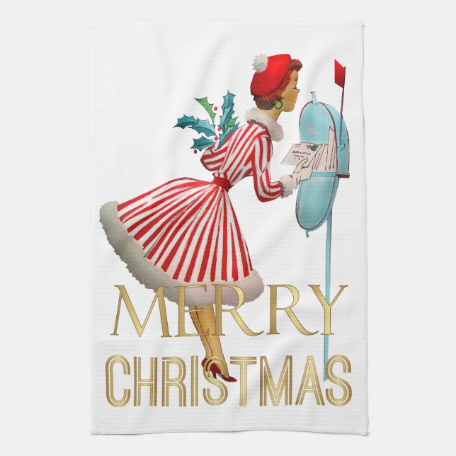 1950 Christmas Vintage Lady Merry Christmas Tea Towel (Vertical)