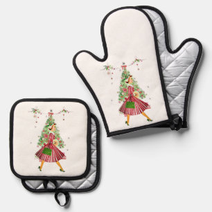 1950 Christmas Vintage Lady  Oven Mitt & Pot Holder Set
