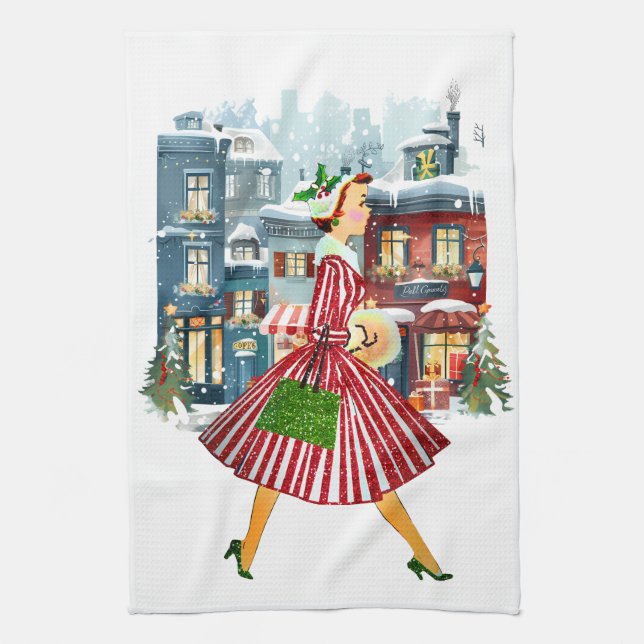 1950 Christmas Vintage Lady  Tea Towel (Vertical)
