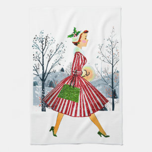 1950 Christmas Vintage Lady Tea Towel