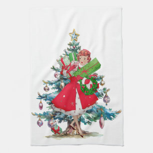 1950 Christmas Vintage Lady Tea Towel