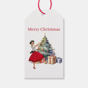 1950 Christmas Woman with Christmas Tree Gift Tags