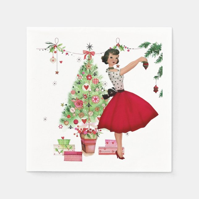 1950 Christmas Woman with Christmas Tree Napkin (Front)