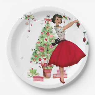 1950 Christmas Woman with Christmas Tree Paper Plate