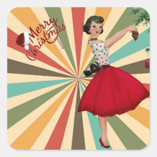 1950 Christmas Woman with Retro Background Square Sticker
