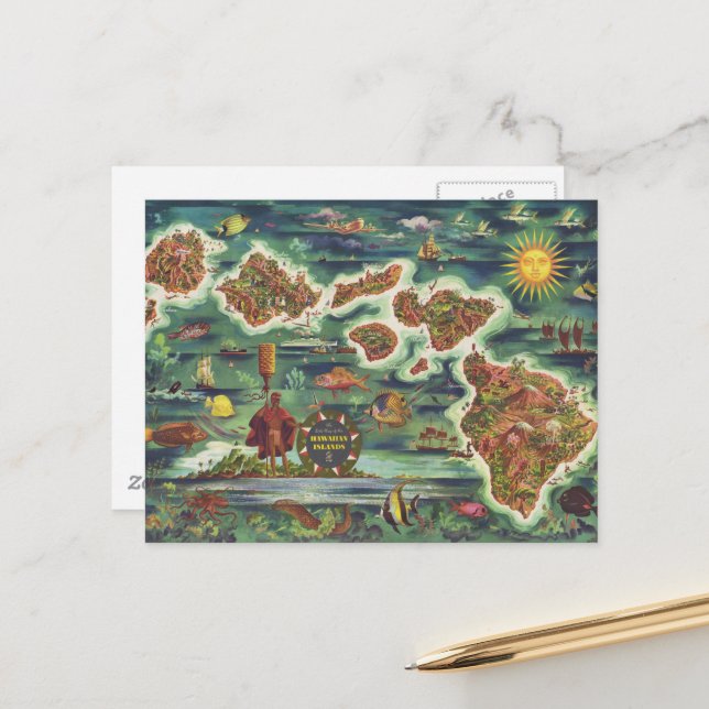 1950 Dole Map of Hawaii Joseph Feher Oil Paint Postcard (Front/Back In Situ)