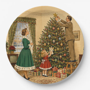 1950 Family Decorating Xmas Tree Merry Christmas Paper Plate