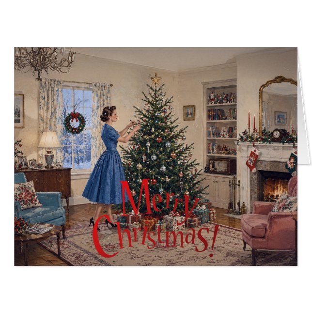 1950 Lady Decorating Xmas Tree Merry Christmas (Front Horizontal)