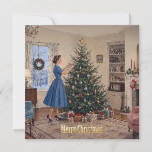 1950 Lady Decorating Xmas Tree Merry Christmas Holiday Card