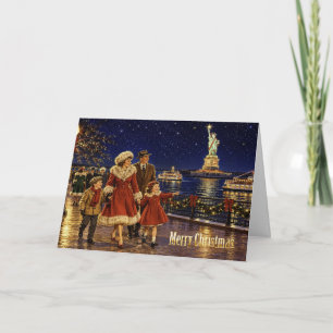 1950 New York Christmas Statue Liberty Wagner Park Holiday Card