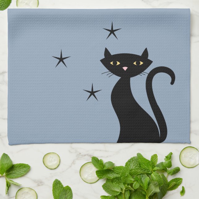 1950-style Black Cat, blue Tea Towel (Folded)
