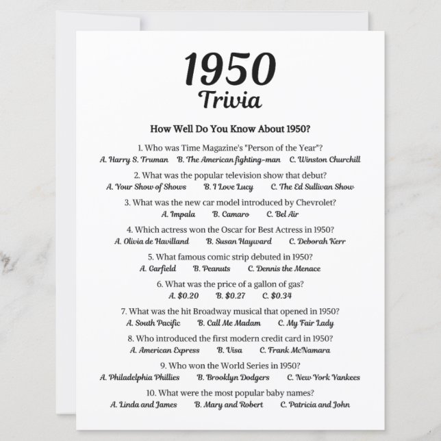 1950 Trivia Game (Front)