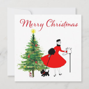 1950 Vintage Christmas Lady with Dog Holiday Card