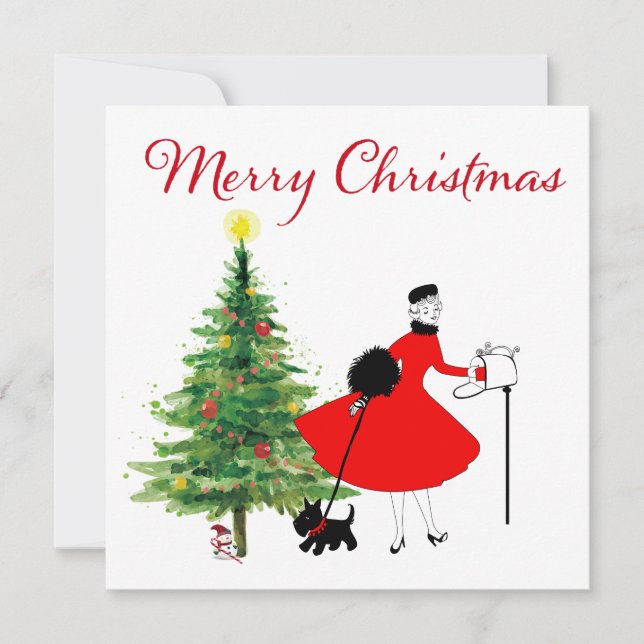 1950 Vintage Christmas Lady with Dog   Holiday Card (Front)