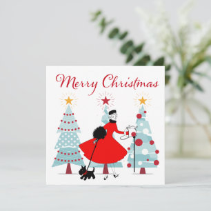 1950 Vintage Christmas Lady with Dog Holiday Card