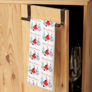 1950 Vintage Christmas Lady with Dog Pattern Tea Towel