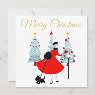 1950 Vintage Christmas Lady with Scottish Terrior Card