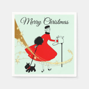 1950 Vintage Christmas Lady with Scottish Terrior Napkin