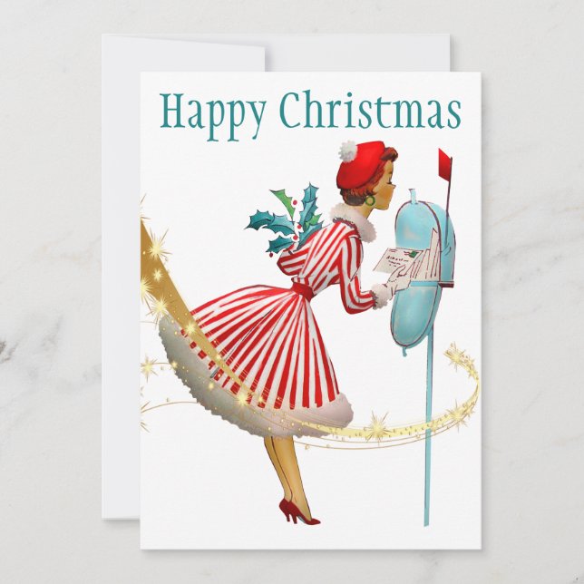 1950 Vintage Christmas woman with gifts Holiday Card (Front)