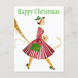 1950 Vintage Christmas woman with gifts Postcard
