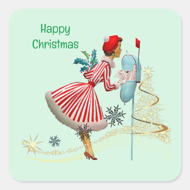 1950 Vintage Christmas woman with gifts Square Sticker (Front)