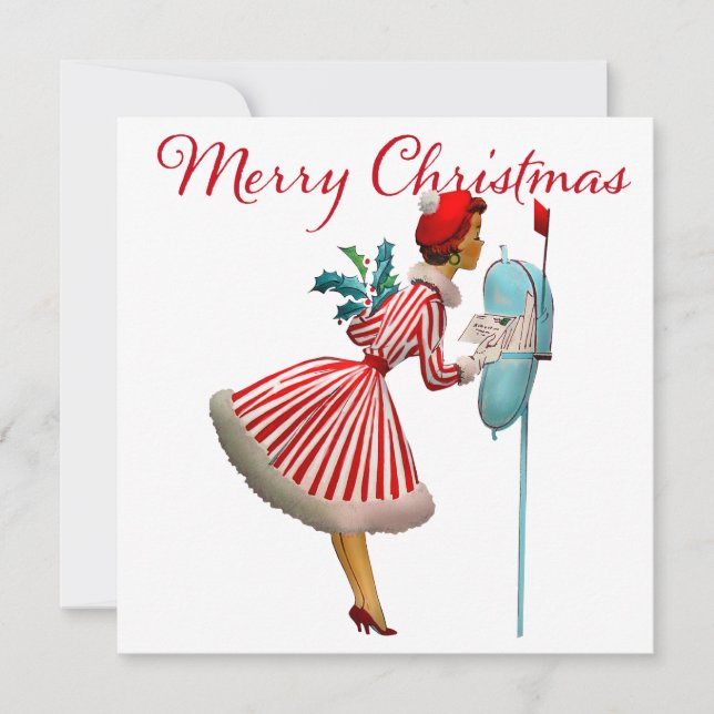 1950 Vintage Lady Checking Christmas Mail Card (Front)