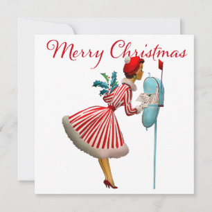 1950 Vintage Lady Checking Christmas Mail Card