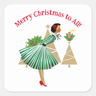 1950 Vintage Lady Christmas Greetings Square Sticker