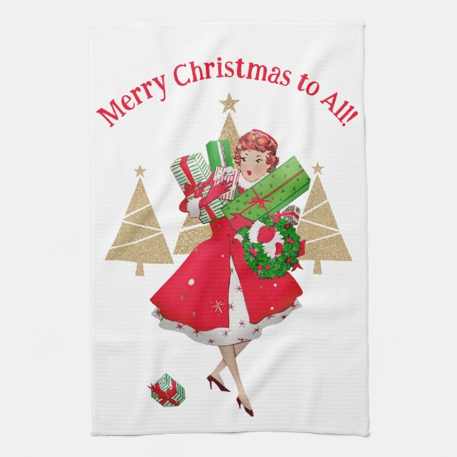 1950 Vintage Lady Christmas Greetings Tea Towel (Vertical)