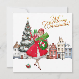 1950 Vintage Lady Christmas Shopping for Gifts Card