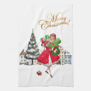 1950 Vintage Lady Christmas Shopping for Gifts Tea Towel