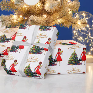 1950 Vintage Lady Christmas Shopping for Gifts Wrapping Paper
