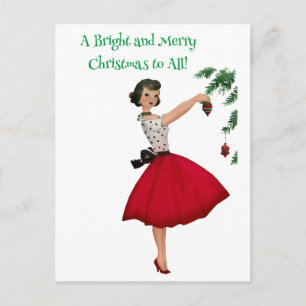1950 Vintage Lady Decorating Christmas Tree Holiday Postcard
