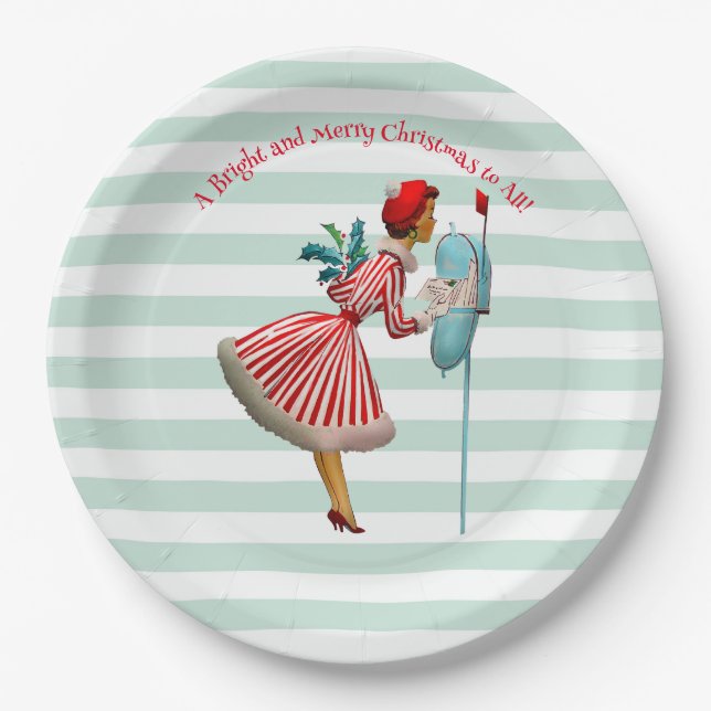 1950 Vintage Woman with Christmas Greetings Paper Plate (Front)