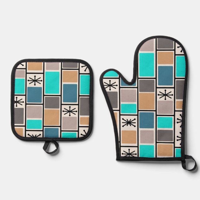 1950s Atomic Age Rectangles Starbursts Oven Mitt & Pot Holder Set (Front)